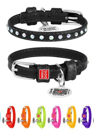 Нашийник для собак шкіряний waudog glamour з qr паспортом, з клейовими стразами, ш 9 мм, дов 18-21 см чорний