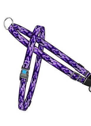 Шлея для собак швидкознімна waudog nylon з qr паспортом, малюнок "фіолетовий камо", пластиковий фастекс, ш 20