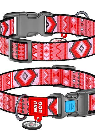 Нашийник для собак нейлоновий waudog nylon з qr паспортом, малюнок "етно червоний", пластиковий фастекс, ш 20