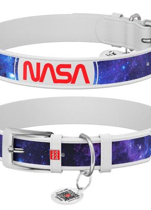 Нашийник для собак шкіряний waudog design з qr паспортом, малюнок "nasa21", m, ш 25 мм, д 38-49 см білий