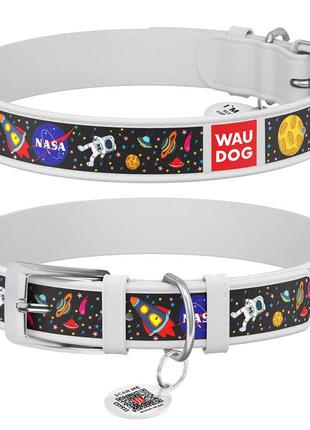 Нашийник для собак шкіряний waudog design з qr паспортом, малюнок "nasa", ш 20 мм, дов 29-38 см, білий1 фото