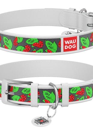 Нашийник для собак шкіряний waudog design з qr паспортом, малюнок "калина", xs, ш 12 мм, дов 20-28 см, білий