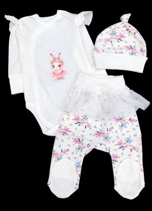 Комплект 3в1: боді з довгим рукавом, повзунки, шапочка "принт", кулір тм "happy tot" (боді з повзунками)
