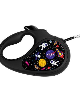 Повідець-рулетка для собак waudog r-leash, малюнок "nasa", xs, до 12 кг, 3 м, світловідбиваюча стрічка чорний3 фото