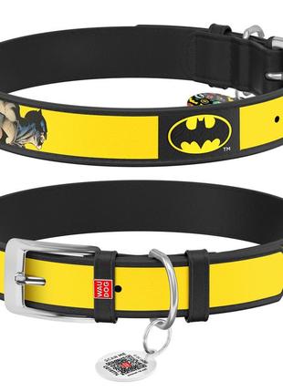 Нашийник для собак шкіряний waudog design з qr паспортом, малюнок "бетмен2", ш 12 мм, дов 20-28 см чорний