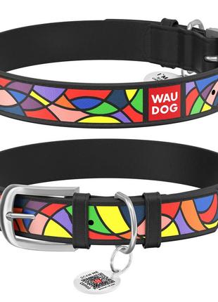 Нашийник для собак шкіряний waudog design з qr паспортом, малюнок "вітраж", ш 35 мм, дов 46-60 см чорний