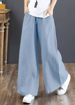 Блакитні жіночі льняні широкі штани палаццо повсякденні прогулянкові широкі штани льон2 фото