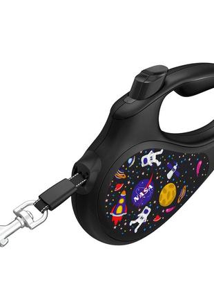 Повідець-рулетка для собак waudog r-leash, малюнок "nasa", l, до 50 кг, 5 м, світловідбиваюча стрічка чорний4 фото