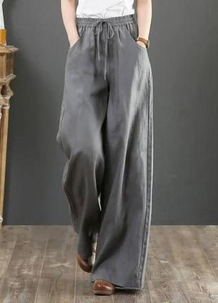 Бежеві жіночі льняні широкі штани палаццо повсякденні прогулянкові широкі штани льон4 фото