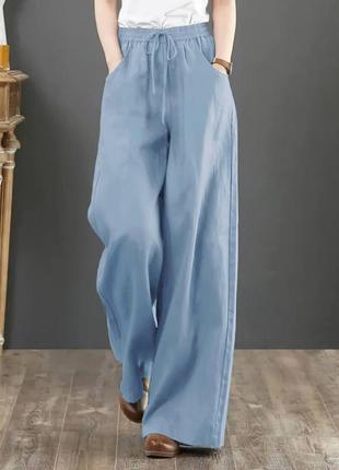Бежеві жіночі льняні широкі штани палаццо повсякденні прогулянкові широкі штани льон3 фото