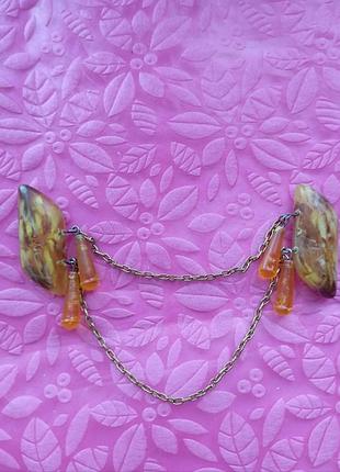 Брошь старинная янтарная "капельки"