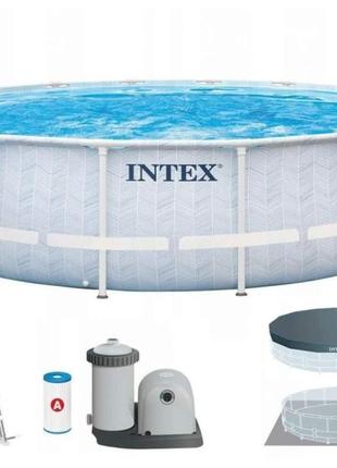 Круглый каркасный бассейн intex 26746 с лестницей, тентом, подстилкой и насосом-фильтром, 488x122см 19776л2 фото