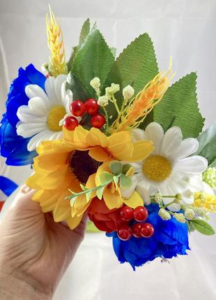 Український вінок на голову з об'ємними польовими квітами та стрічками2 фото