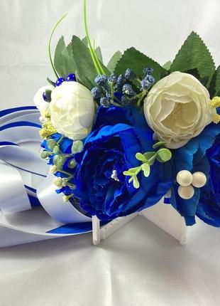 Вінок на голову з об'ємними квітами синьої півонії2 фото