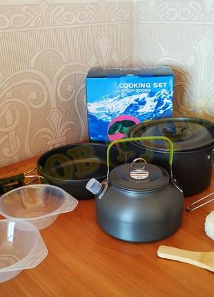 Набор туристической посуды (кастрюля ,сковорода ,чайник ,миски) cooking set ds-3083 фото