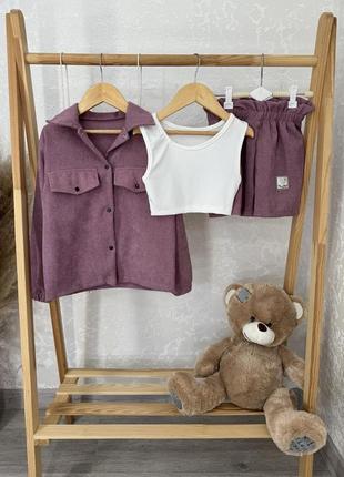 Дитячий костюм для дівчинки костюм трійка вельветовий костюм з топом топ шорти сорочка