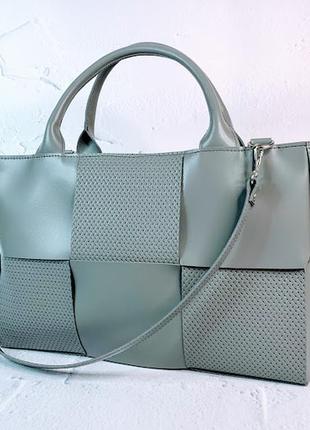 Сумка жіноча "вега" натуральна шкіра, сіра з тисненням під плетінку