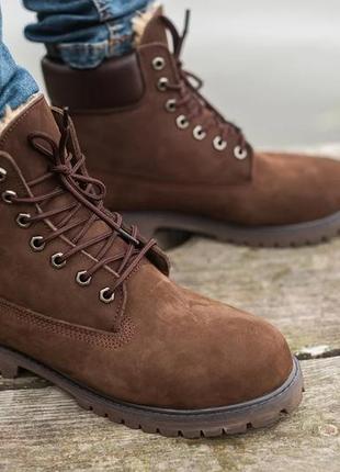 Зимние мужские ботинки с мехом timberland 6-inch premium коричневые (тимберленд, черевики)