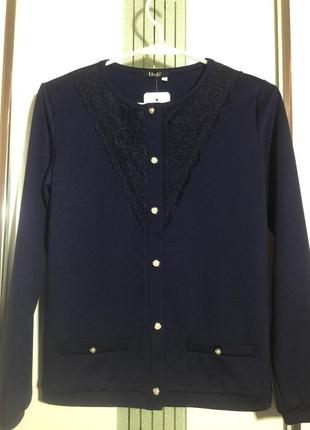 Кардиган  жакет для девочки подростка трикотаж с кружевом темно-синяя. 134  140