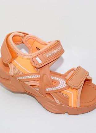Стильні дитячі помаранчеві босоніжки-сандалі на дівчинку,з липучками,персикові,дитяче взуття на літо