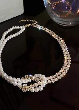 Чокер кольє з перлинами і кристалами, зі стразами, з камінчиками