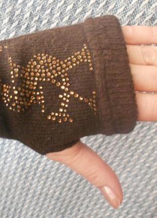 Теплые длинные шерстяные перчатки -митенки со стразами1 фото