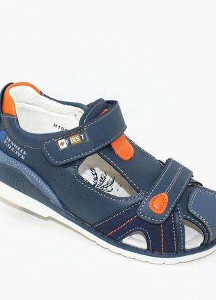 Дитячі сині комфортні закриті сандалі на хлопчика на липучках шкіряні(екошкіра)дитяче взуття на літо