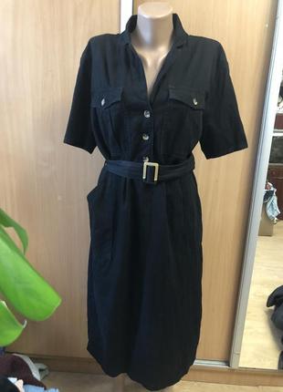 Базовое черное платье -рубашка с поясом из натуральнго хлопка (размер 14/42-16/44)4 фото