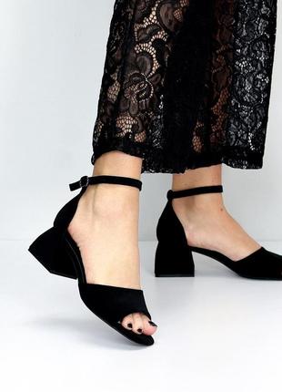 Деловые черные босоножки женские в замше, на широком устойчивом каблуку, квадратный носок ,8 фото