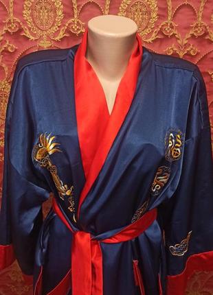 Двухсторонній атласний халат кімоно з вишивкою драконів китай3 фото