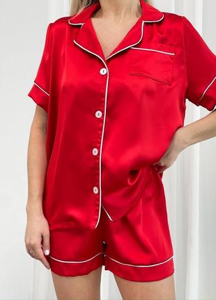 Женская шелковая пижама рубашка с коротким рукавом и шорты8 фото