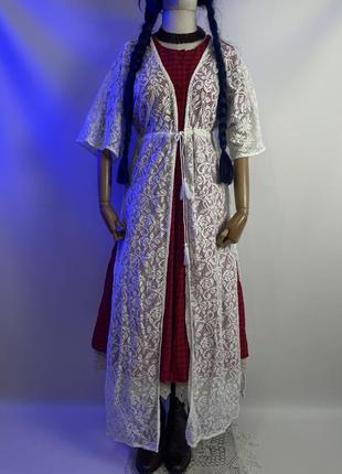 Очень красивая ажурная вязаная белая длинная туника накидка платье в цветах с кисточками2 фото