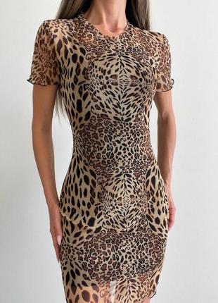 Платье сетка леопард беж приталенное мини