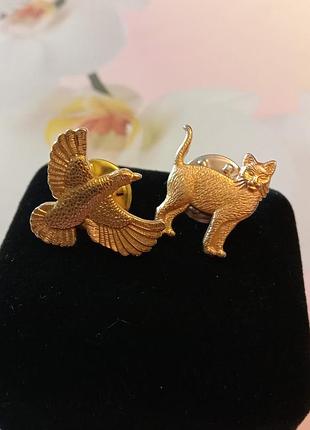 Брошь пин набор кот птица позолота винтажное