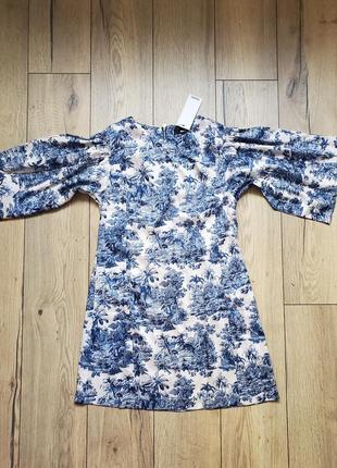Біло-синє міні плаття, вільний крій рукава, візерунок4 фото