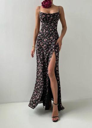 Жіноча сукня комбінація максі з відкритою спиною, з широкою довгою спідницею, з розрізом, довге плаття, софт, з квітковим принтом, без принту