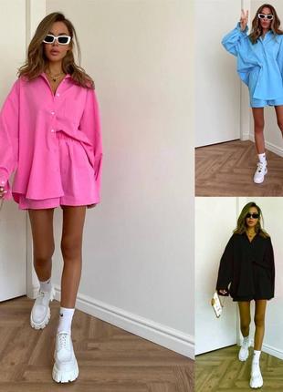 Костюм двойка из льна рубашка в стиле oversize+шорты на резинке