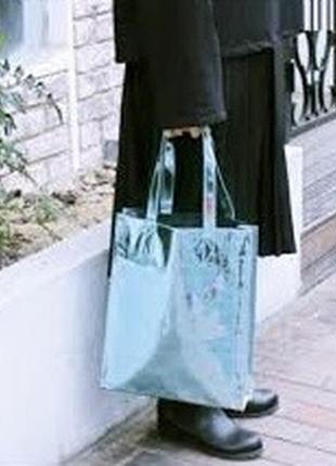 Шикарная сумка шоппер голубой металлик!!!1 фото