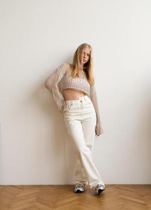 Молочные джинсы с разрезами и высокой посадкой, wide leg6 фото