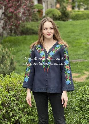 Блуза сольвия темно-синяя, вышиванка, галерея льна, блузка, льняная, 46-70рр