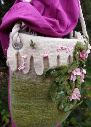 Сумка лесной феи шерсть валяние ручная работа цветы розовые3 фото