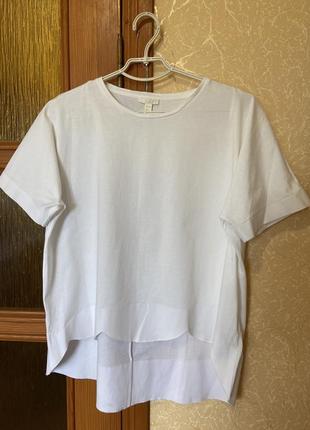 Белая базовая оверсайз футболка свободный крой, белоснежная хлопковая блуза кос оригинал не ровный край