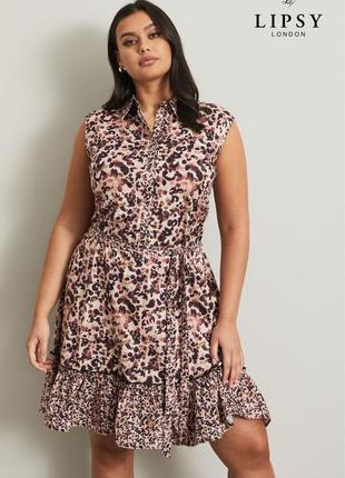Ярусное платье-рубашка с воротником без рукавов с поясом в леопардовый принт lipsy1 фото
