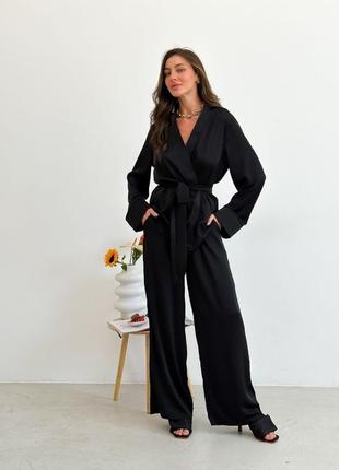 Шелковый прогулочный домашний костюм комплект двойная рубашка широкие брюки