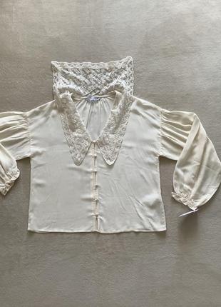 Блуза сливочная с кружевным воротником zara p.m новая с биркой5 фото