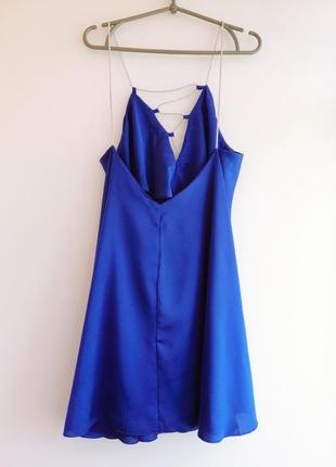Платье женское синее сатин с блестящими бретельками5 фото
