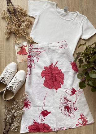 Лляна спідниця з льону з розпоркою у квітковий принт