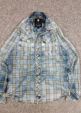 Трендова чоловіча фланелева сорочка в клітинку g star raw tacoma blue flannel faded shirt5 фото