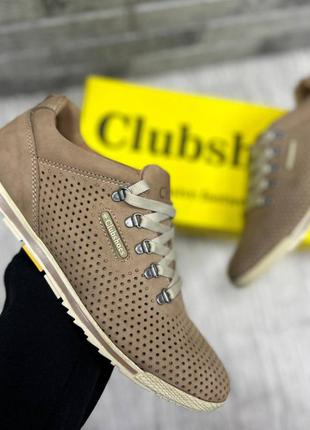 Мужские летние кожаные кроссовки clubshoes перфорированые бежевые