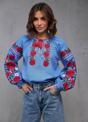 Рубашка вышитая вышиванка женская блузка с цветами вышитыми4 фото